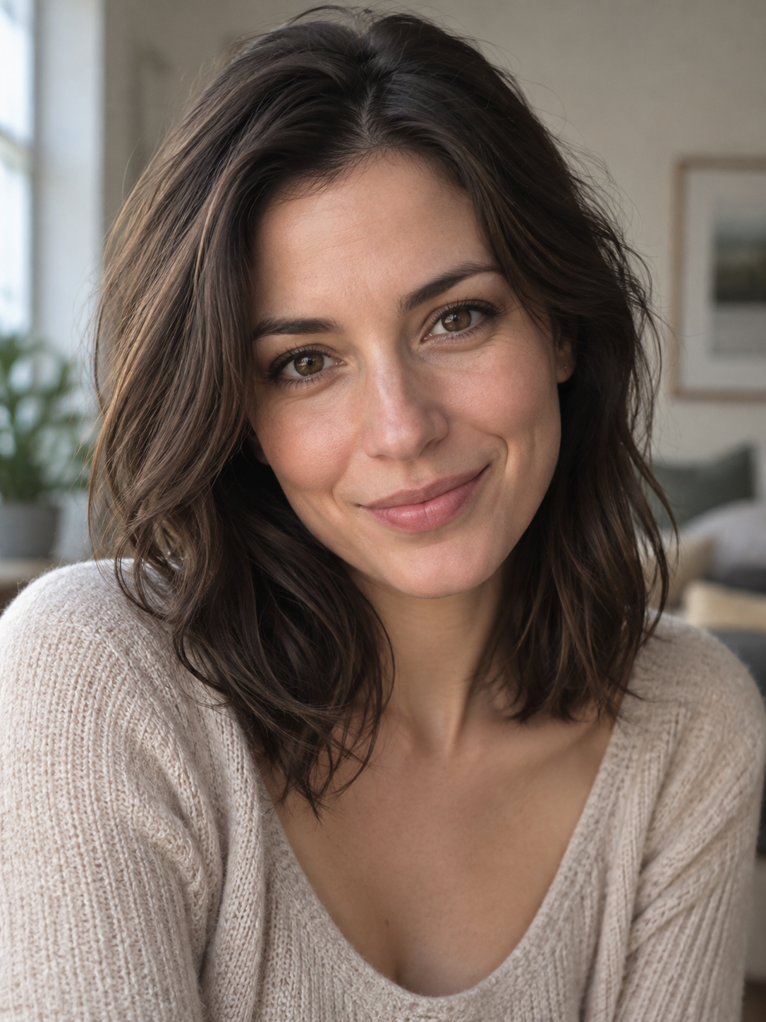 Mia smiling in warm lamplight, an AI-generated portrait